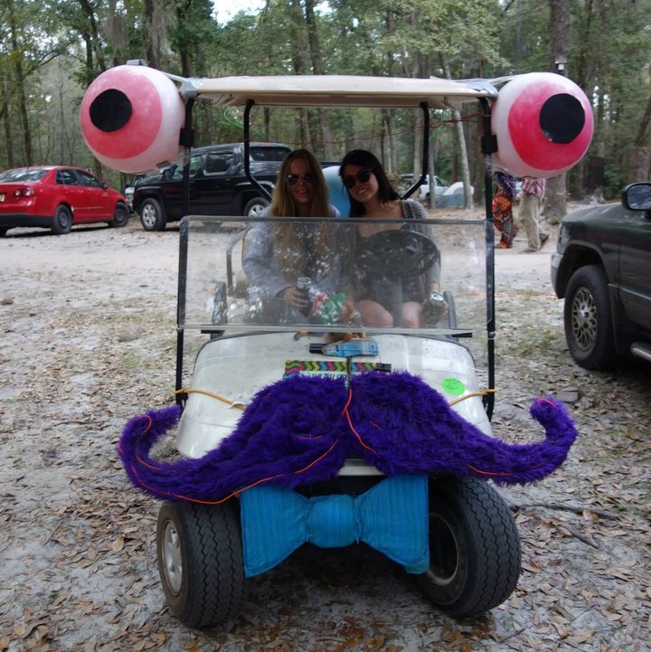 Two friends in Zerble at Bear Creek in November 2014, with the eyeballs repainted red, a fuzzy purple mustache traced in EL wire, and a blue bow tie.