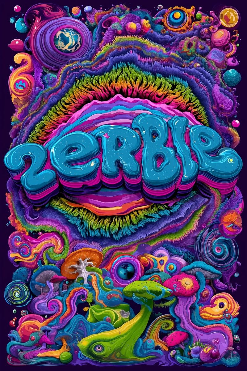 A psychedelic poster with the word ZERBLE in glossy blue bubble letters, surrounded by swirling color, mushrooms, and planets.