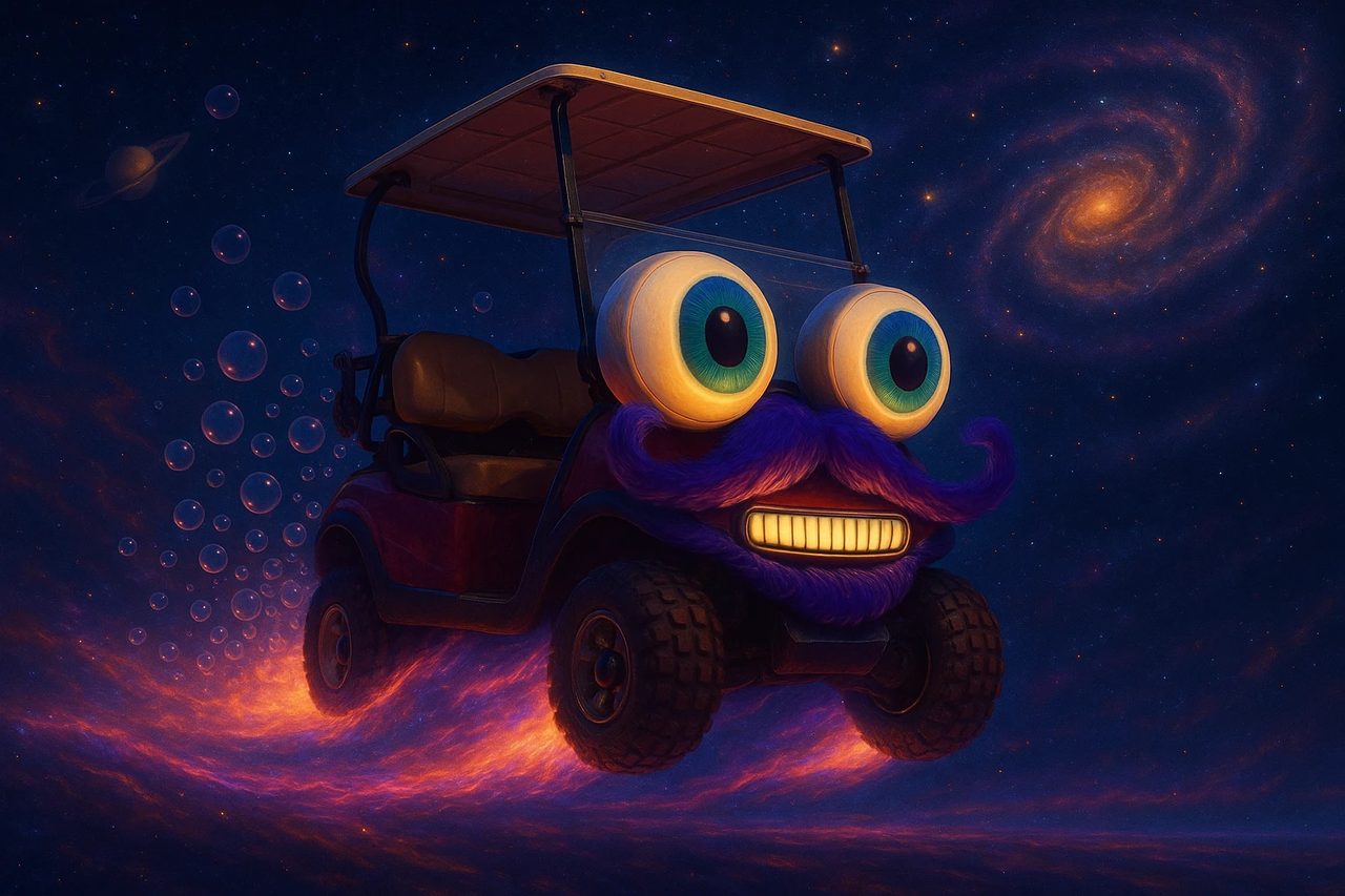 A painting of Zerble flying through outer space, glowing googly eyes and purple mustache, with bubbles trailing past a spiral galaxy and a ringed planet.