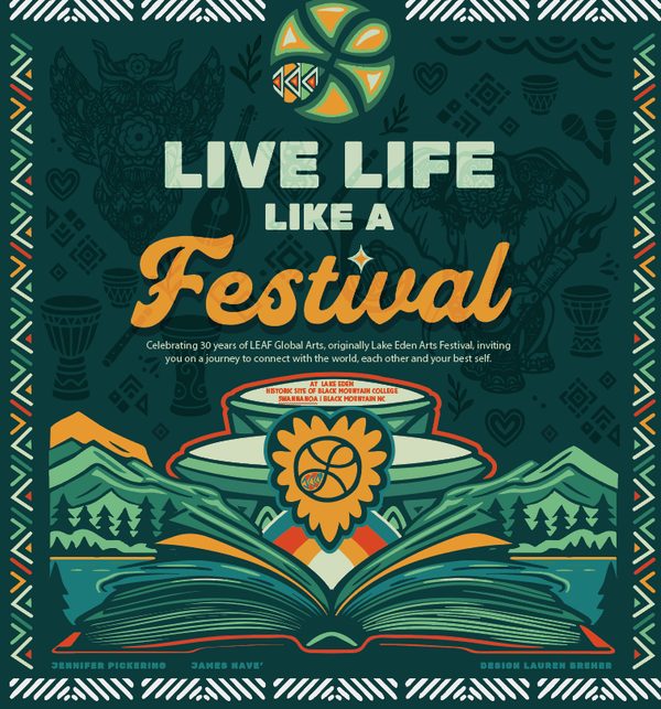The cover of Live Life Like a Festival by Jennifer Pickering: the title in cream and gold on deep teal, above an open book with a sun emblem, mountains, and a lake, celebrating 30 years of LEAF Global Arts.