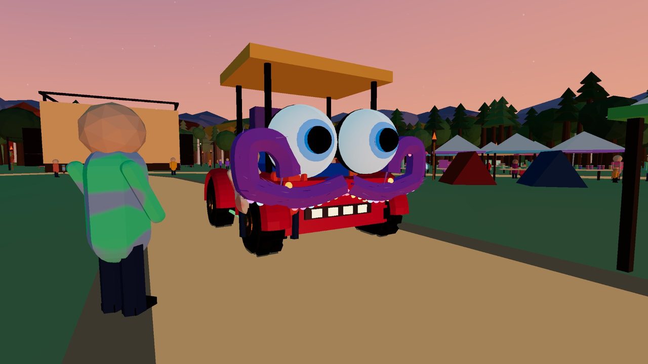A screenshot from the game at dusk: Zerble, googly eyes and purple mustache and all, rolls down a dirt path past festival tents while a festival-goer turns to watch.