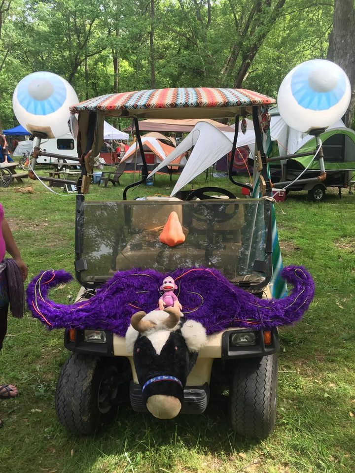 The rented Zerble built at the French Broad River Festival in May 2016: eyeballs on pipe stalks, a patterned roof cover, an orange nose, a fuzzy purple mustache laced with EL wire, and a plush cow head and sock monkey on the front.