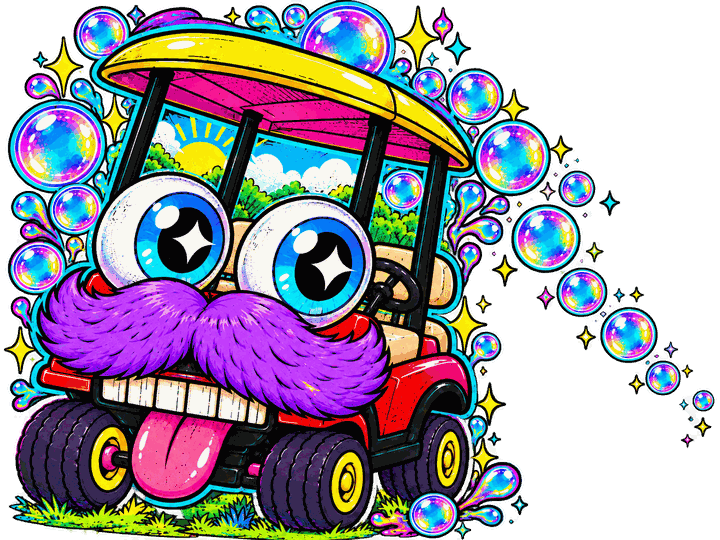 Sticker art of Zerble: a red golf cart with a yellow roof, giant blue googly eyes, a fluffy purple mustache, and tongue out, with a trail of rainbow bubbles drifting behind.