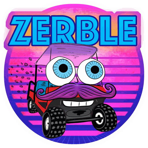 The retro Zerble logo: today's red cart with googly eyes and a purple mustache in front of a striped synthwave sunset.