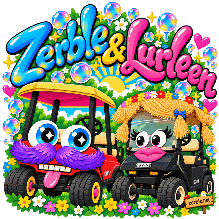 Sticker art of Zerble and Lurleen side by side in a flower garden: Zerble with that purple mustache and Lurleen with raffia hair, a flower crown, and pink lips, under the words Zerble & Lurleen.