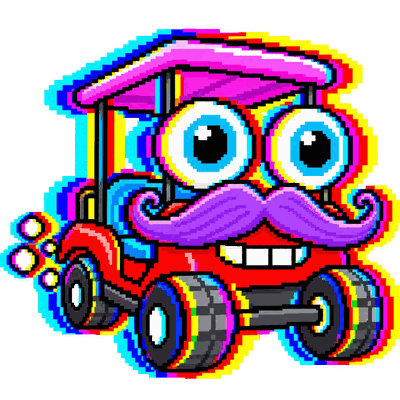 Pixel-art sticker of Zerble with a pink roof, big blue eyes, and a curly purple mustache, puffing bubbles.