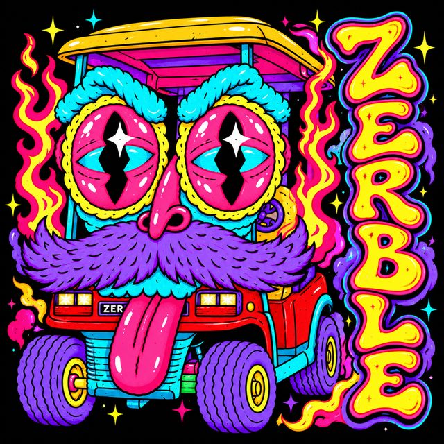 Psychedelic sticker art of Zerble on black, with swirling pink eyes, a fluffy purple mustache, flames, and the word ZERBLE.